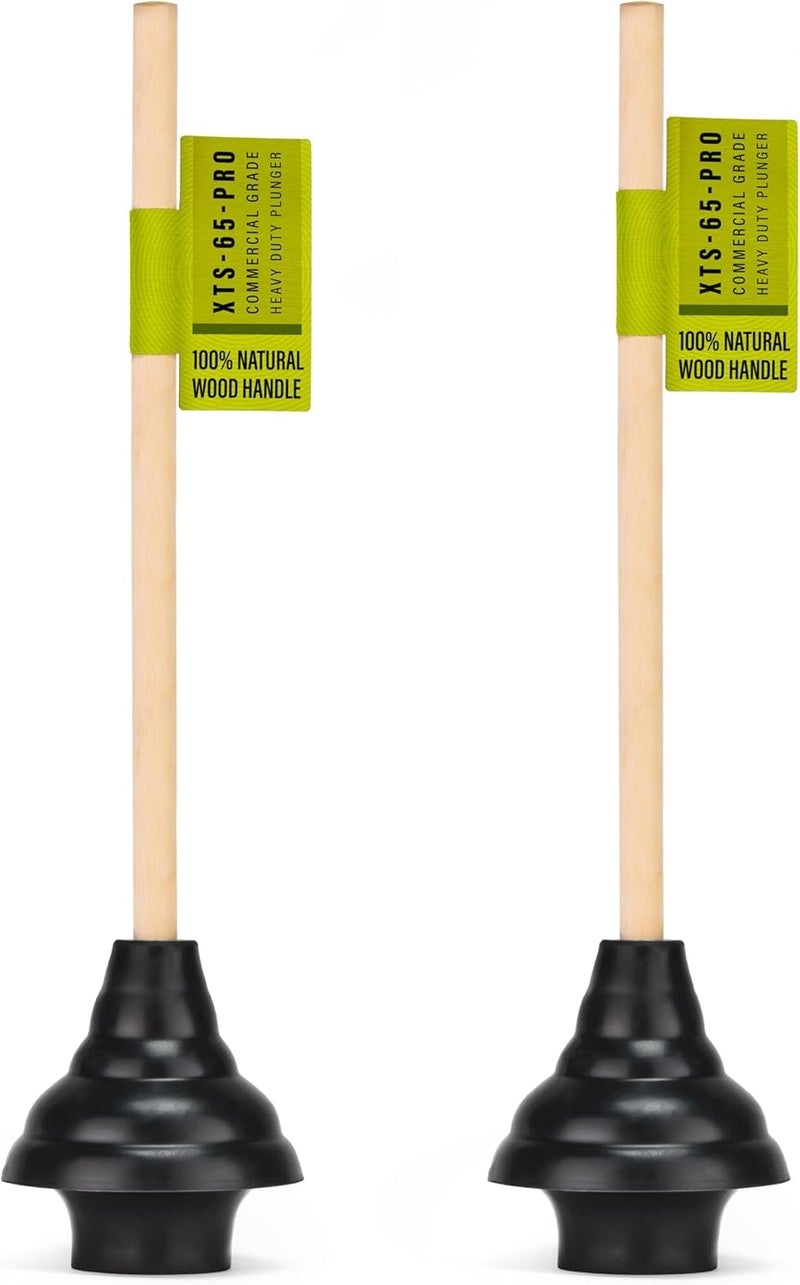 SteadMax XTS-65-PRO Heavy Duty Toilet Plunger, Commercial Grade, Powerful Double Thrust Force Rubber Cup with Wood Handle, for Clogged Bathroom, Shower, and Kitchen, 2 Pack (22" x 5.75") - Image 1